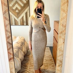 Astr Kenna mock neck twist sweater dress in taupe size small.